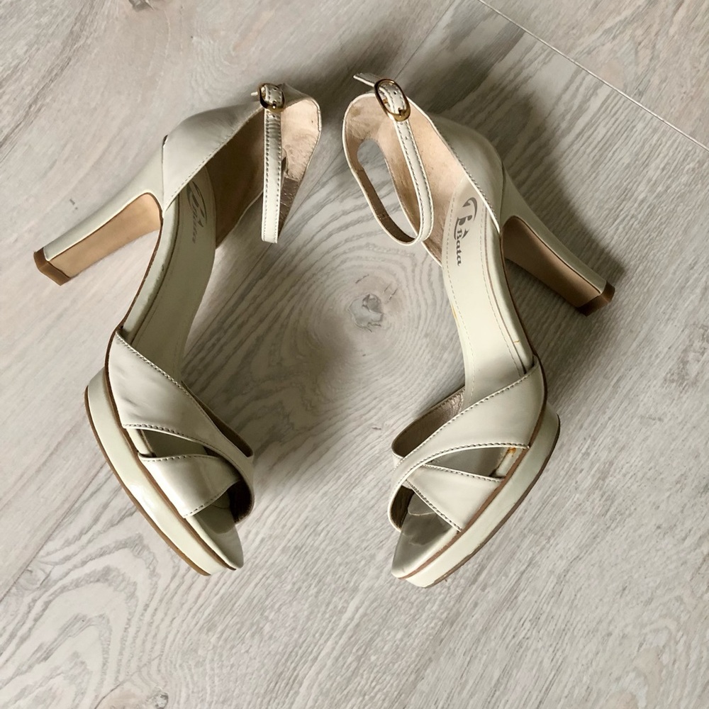 Ivory Cream Patent Leather Ankle Strap Platform High Heel Pumps